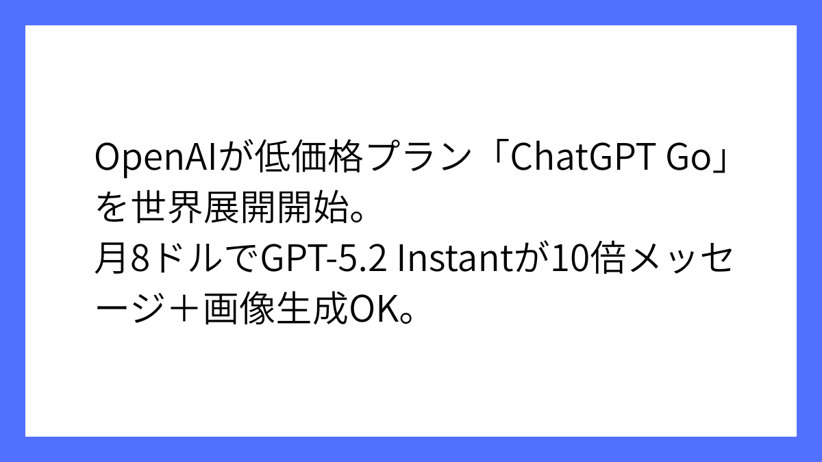 OpenAI、低価格プラン「ChatGPT Go」を全地域へ提供