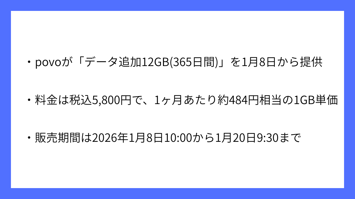 povo、データ追加12GBトッピングを1月8日から提供開始