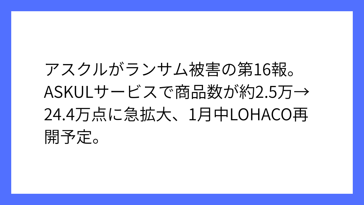 アスクルが障害に関する第16報公表、商品数10倍に回復